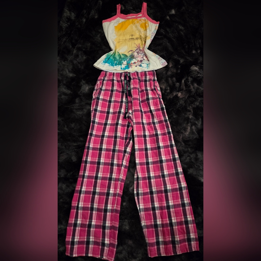 Womens 2pc Y2K Tank Top & Pink Plaid Pants Pajama Set Size M